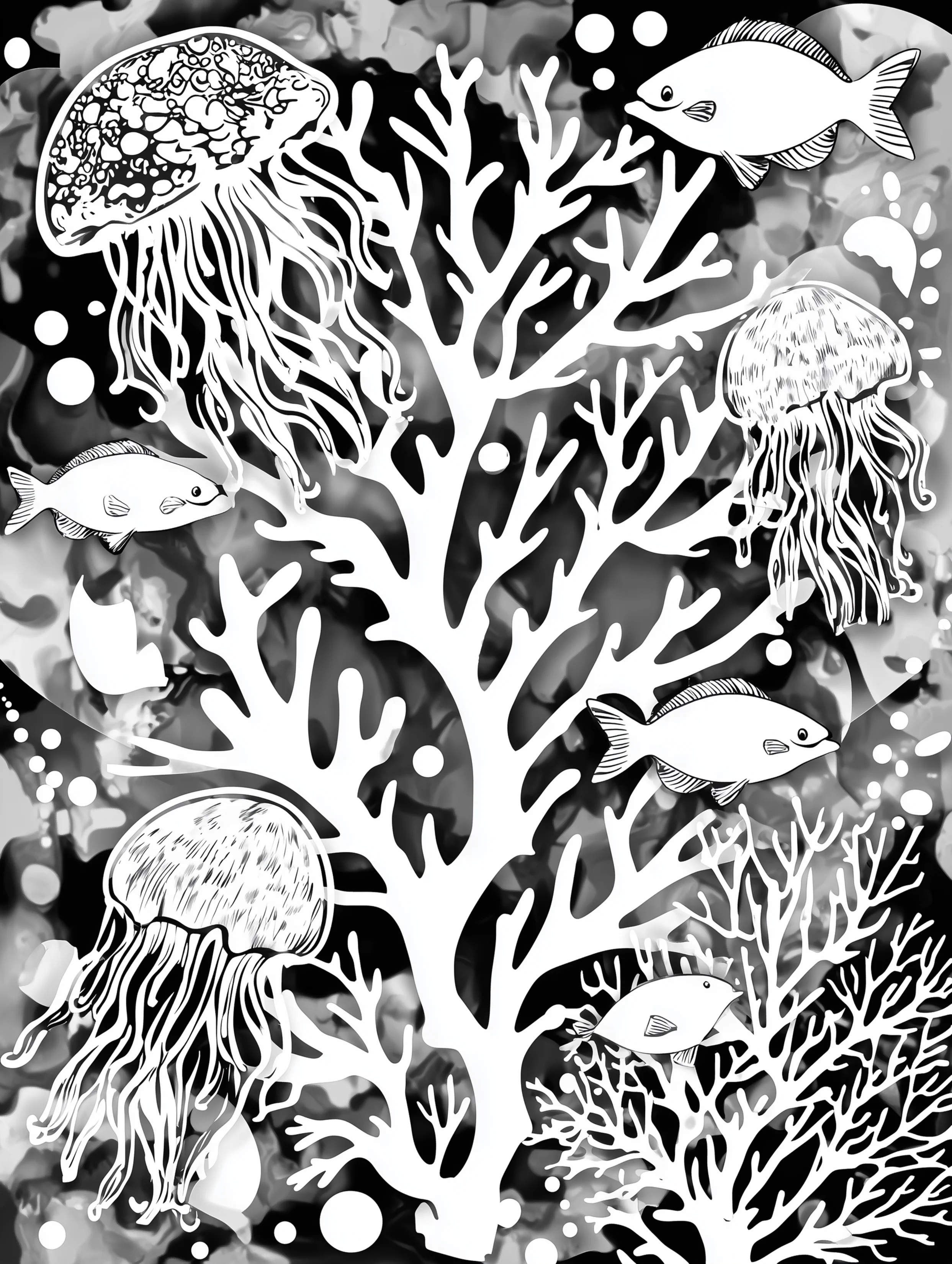 Free printable jellyfish coloring page for adults featuring jellyfish surrounded by a school of fish